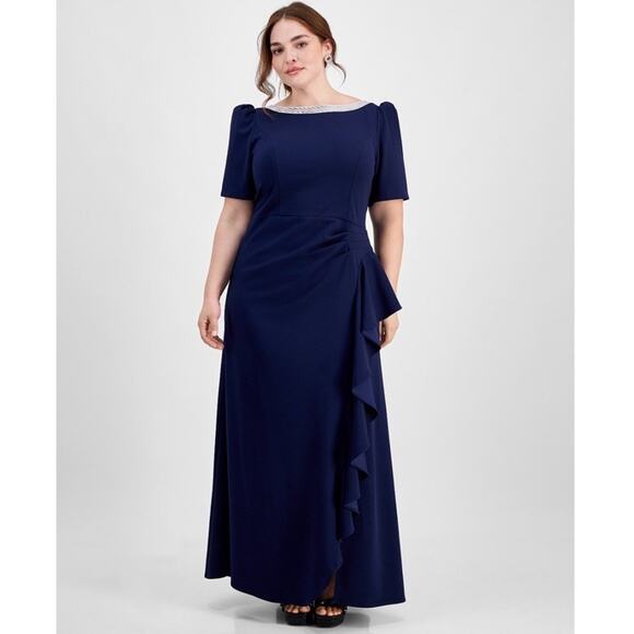 Alex Evenings Navy Blue Embellished Neck Ruffle Gown Dress Plus Size 16 $249 NEW - Picture 1 of 16
